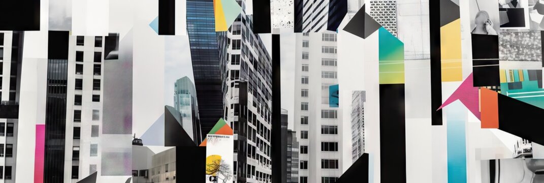  Abstract collage of skyscrapers, business buildings in big city. Surreal skyscraper banner concept, contemporary colors and mood social. Generate AI