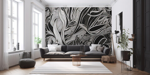 Unique black paint design on a white wall. Ai generated. 
