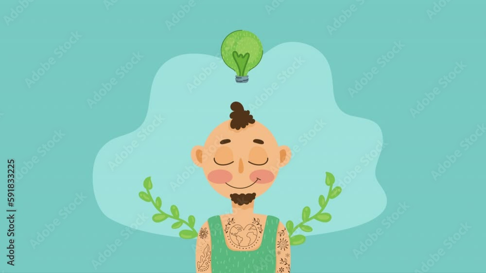 Poster man with bulb light idea animation
