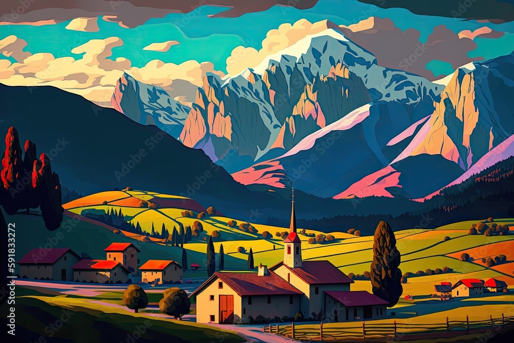 Poster picturesque rural landscape with towering mountains in the distance. Generative AI