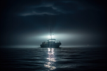 Boat at night on the sea with fog. AI generated.