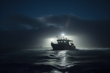Obraz premium Boat at night on the sea with fog. AI generated.