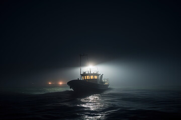 Obraz premium Boat at night on the sea with fog. AI generated.