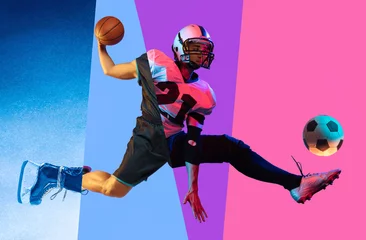 Tuinposter Composite image of cropped photo of different kinds of male sport soccer, basketball, hockey, american football over multicolored background. Active life style, sport, health, male hobby, ad concept © master1305