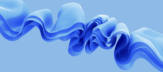 3d rendering, abstract background with folded textile ruffle, curvy waving ribbons, blue cloth macro, fashion wallpaper