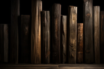 Wooden stumps on a black background. Ai generated