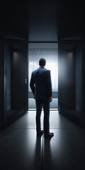 Fototapeta premium Access to company system. Man in suite from back in office. AI generated.