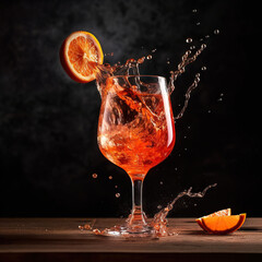 Aperol spritz cocktail splashing. Generative ai and digital editing.