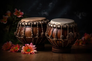 A tabla is a pair of twin hand drums from the Indian subcontinent, that are somewhat similar in shape to the bongos. Ai generated.