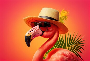 Pink flamingo with sunglasses and hat - obrazy, fototapety, plakaty