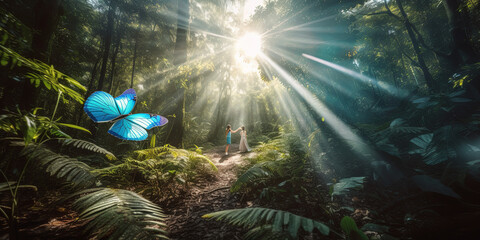 Beautiful blue butterfly in fairy forest. Ai generated. 