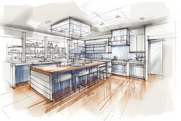 kitchen design sketch, merged with finished kitchen image, highlighting evolution from initial idea to final project. generative ai