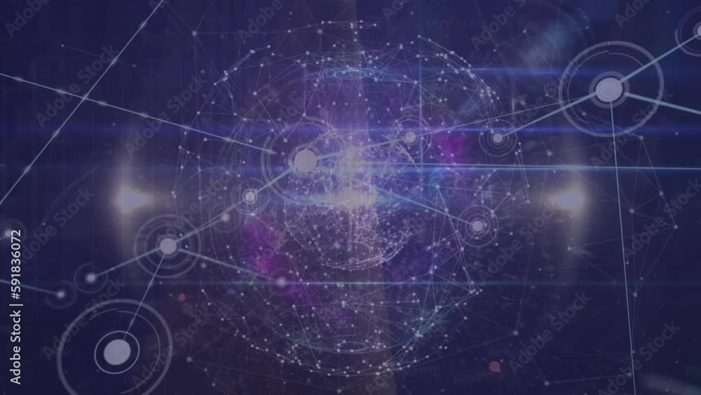 Aufkleber animation of network of connections with icons over globe on black background