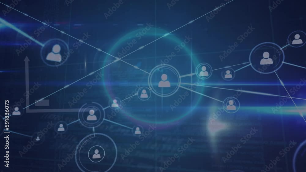 Poster animation of network of connections with icons over data processing on black background