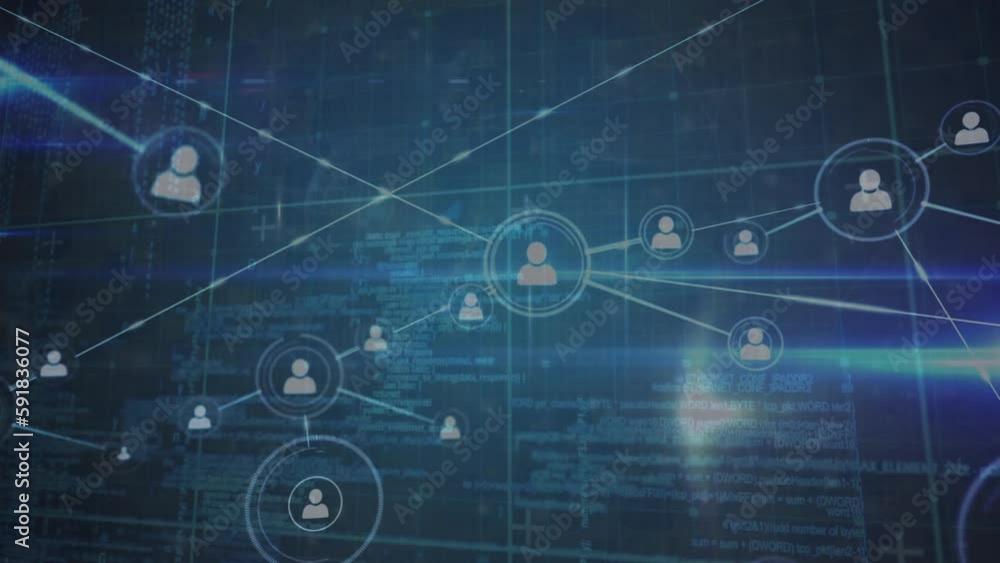 Poster animation of network of connections with icons over data processing on black background