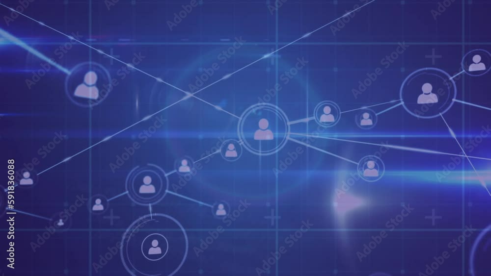 Poster animation of network of connections with icons over light trails on black background