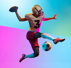Composite image of man doing different kinds of male sport soccer, american football over...