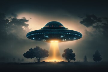 Naklejka na ściany i meble eerie alien ufo abduction lit up in the night sky made by generative ai
