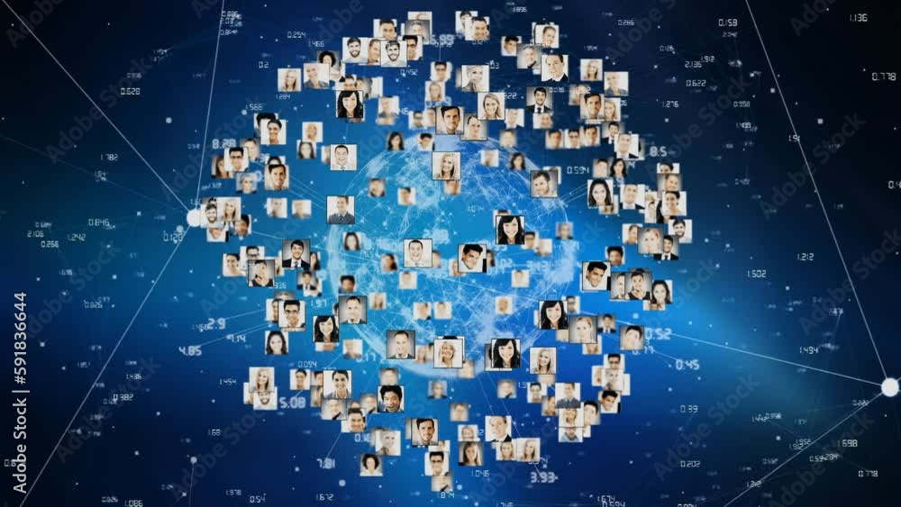 Poster animation of globe of connections with people portraits over data processing on black background