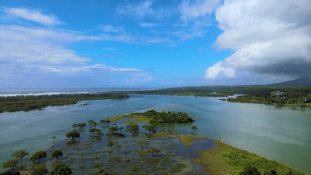 Aerial view of the river in Urunga, NSW, Australia