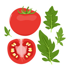 Set of red tomatoes and green leaves