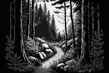 scenic forest path in black and white. Generative AI