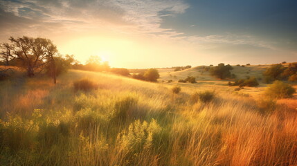 Afternoon in Green Field with Animals, Tranquil Landscape, Dry and Green Grass. Generative AI