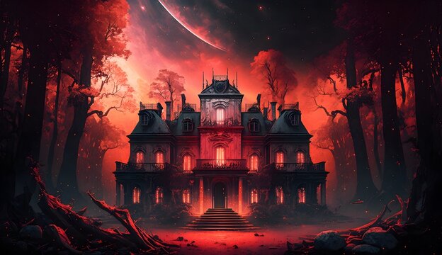 a ruined rococo mansion in a dystopian creepy woodland backlit by a red dwarf in a nebula filled sky in the spirit of the book songs of a dying earth 