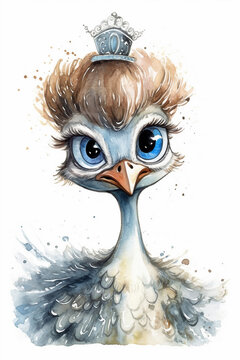 A Beautiful Cute Shy Emu Big Eyes Dressed As A Queen Watercolor Painting Generative Ai Digital Illustration Part#120423