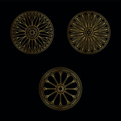Set of three round stained glass windows with floral motifs. Gold line on white background.