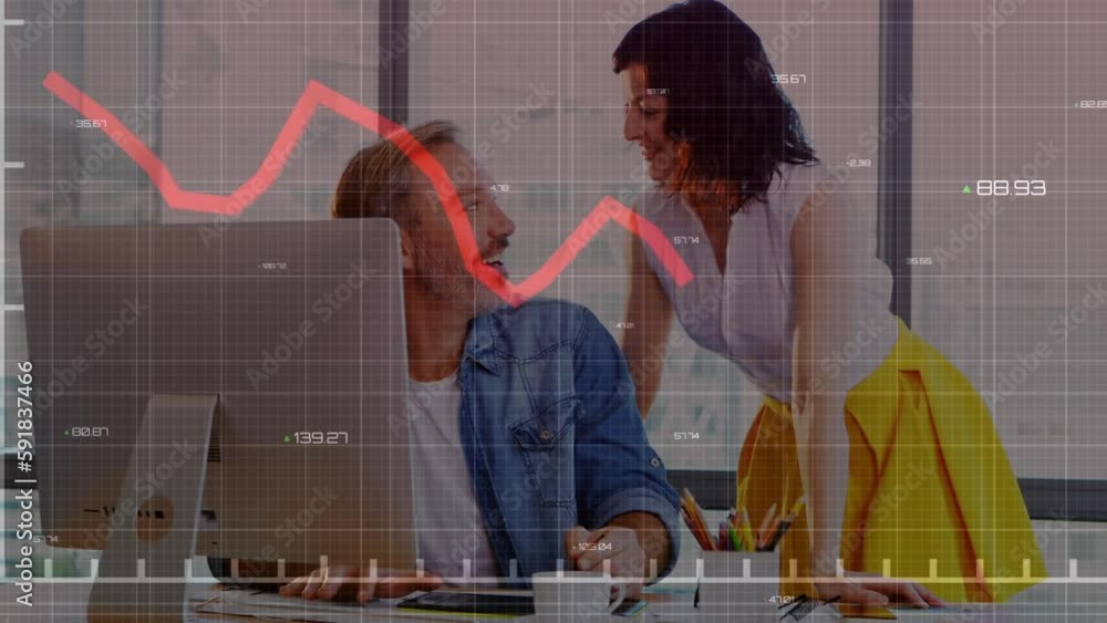 Poster animation of financial data processing over diverse business people using computer at office