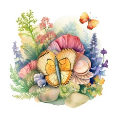 This lovely watercolor illustration showcases a cute clam Generative Ai