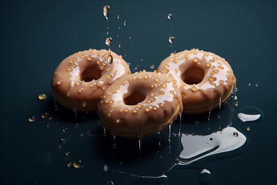 Three glazed donuts are on a blue table with water droplets.