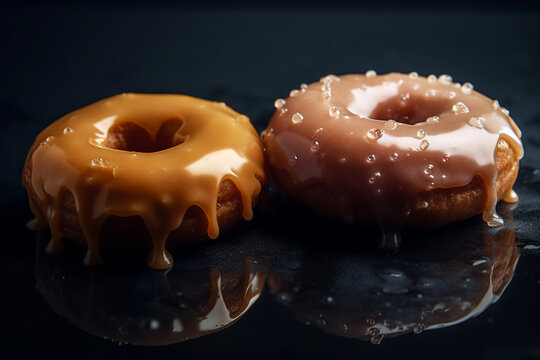 Two donuts on a table with a black background