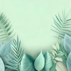 collection of tropical leaves foliage in pastel green color, pastel green background