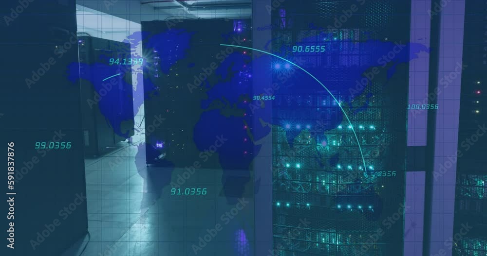 Poster animation of world map with data processing over server room