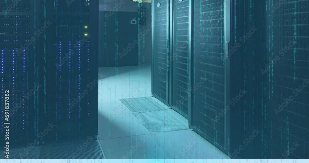 Poster animation of data processing and light trails against computer server room