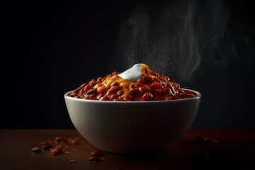 A bowl of baked beans with smoke coming out of it.
