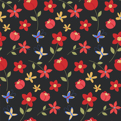 Seamless pattern of red flowers and butterfly on black background. Romantic vibrant texture for summer cover