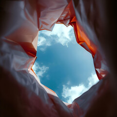View upwards from inside a shopping bag towards the sky - 591838072