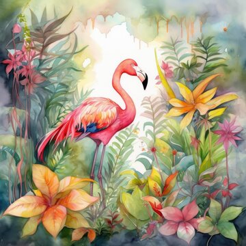 A Gorgeous Watercolor Flamingo Generative Ai © KnotKouture