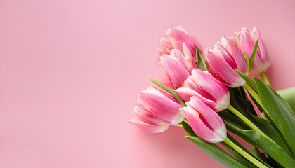 Fototapeta premium Bouquet of pink tulips flowers on pastel pink background with copy space