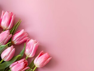  Bouquet of pink tulips flowers on pastel pink background with copy space