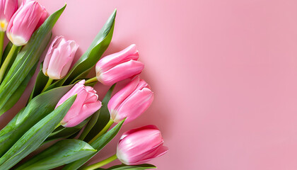 Fototapeta premium Bouquet of pink tulips flowers on pastel pink background with copy space