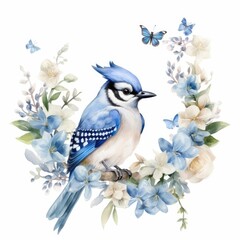 A charming watercolor of a cute little blue jay Generative Ai