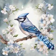 A charming watercolor of a cute little blue jay Generative Ai