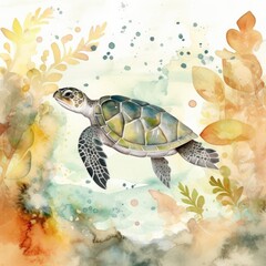 Cute Watercolor Sea Turtle Generative Ai