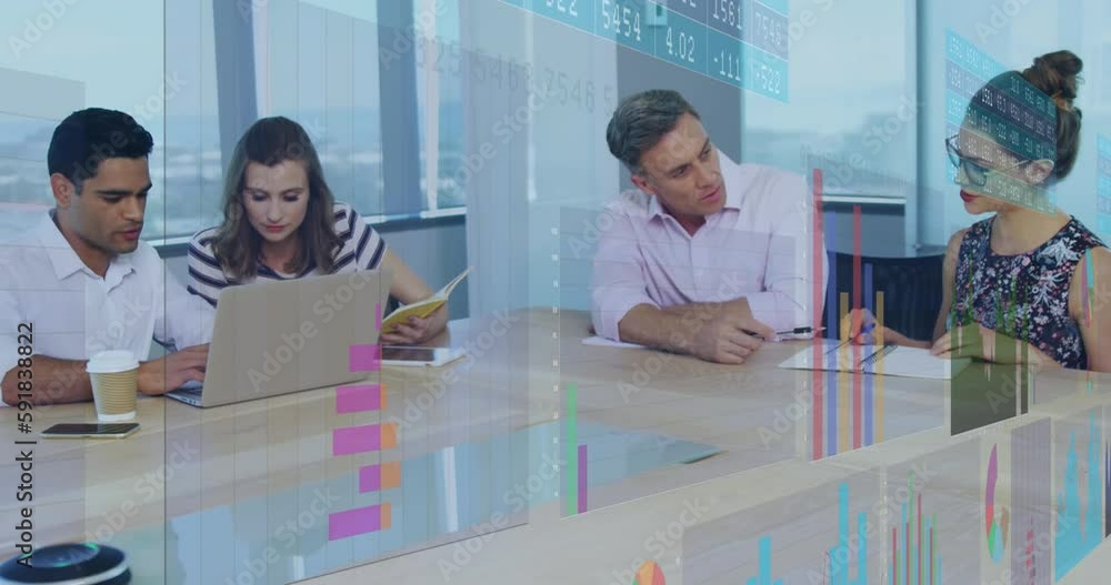 Poster animation of statistical data processing against diverse colleagues discussing at office