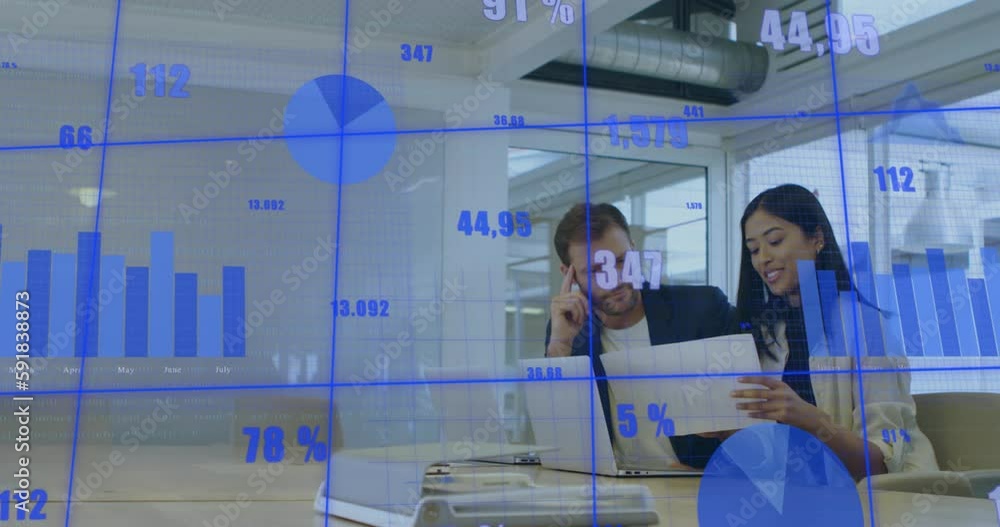 Poster Animation of changing numbers and multiple graphs over diverse coworkers discussing reports