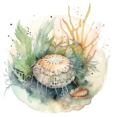 A Sweet Watercolor Sea Urchin Generative Ai